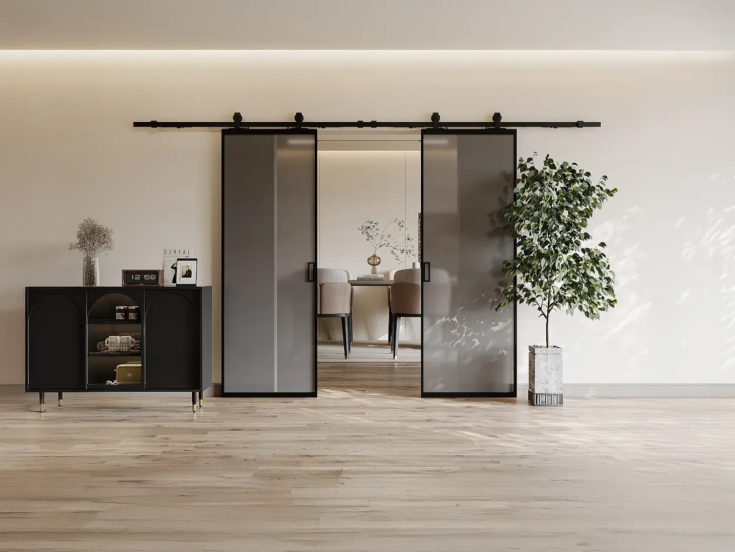 Porta de correr dupla com calha, vidro fumado fosco, 2 x A205 x C63 cm - LINCI II
