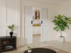 Porta de correr dupla com sistema de tabique em madeira e MDF branco 80 cm - NEFARA