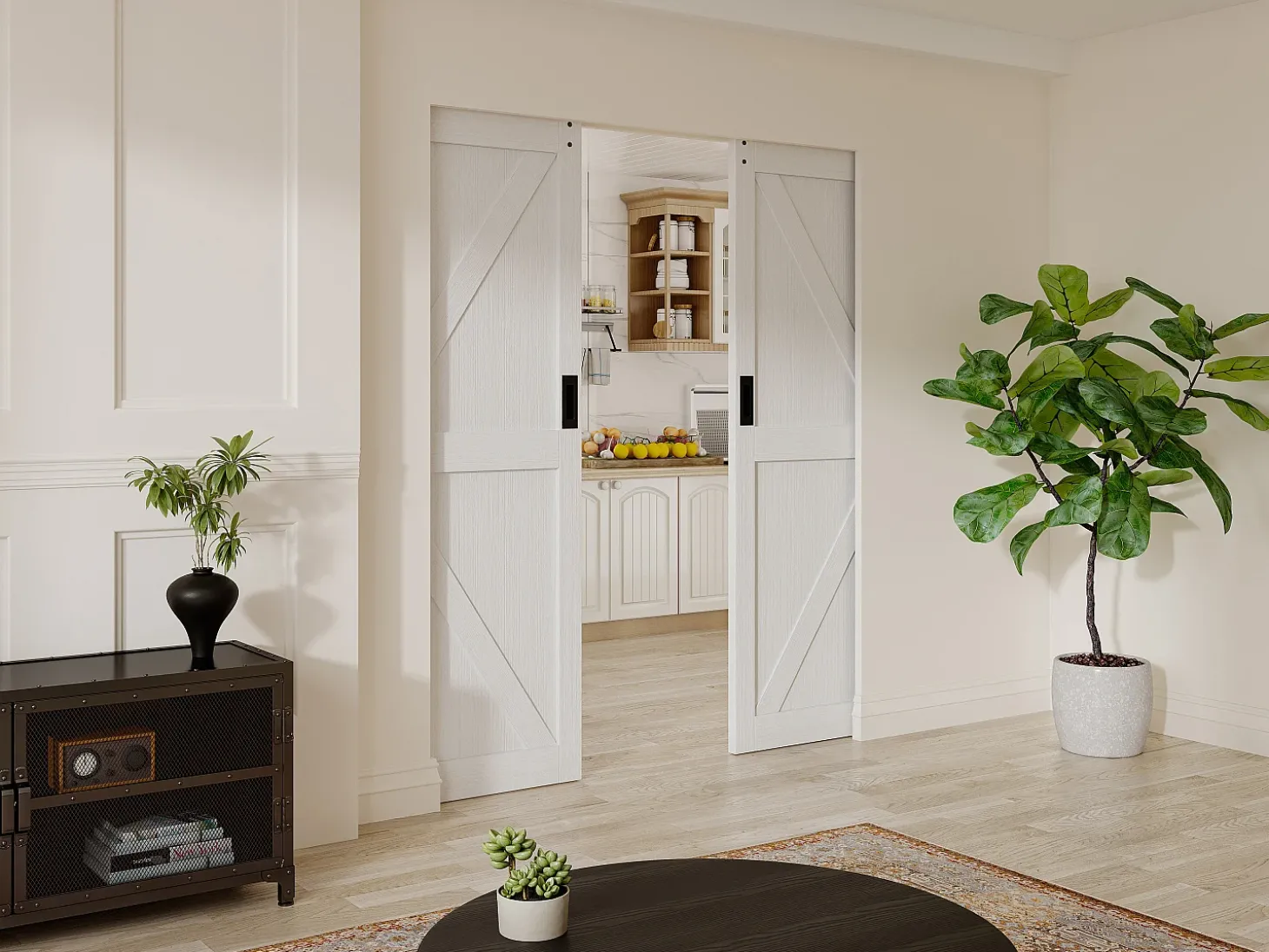 Porta de correr dupla com sistema de tabique em madeira e MDF branco 80 cm - NEFARA