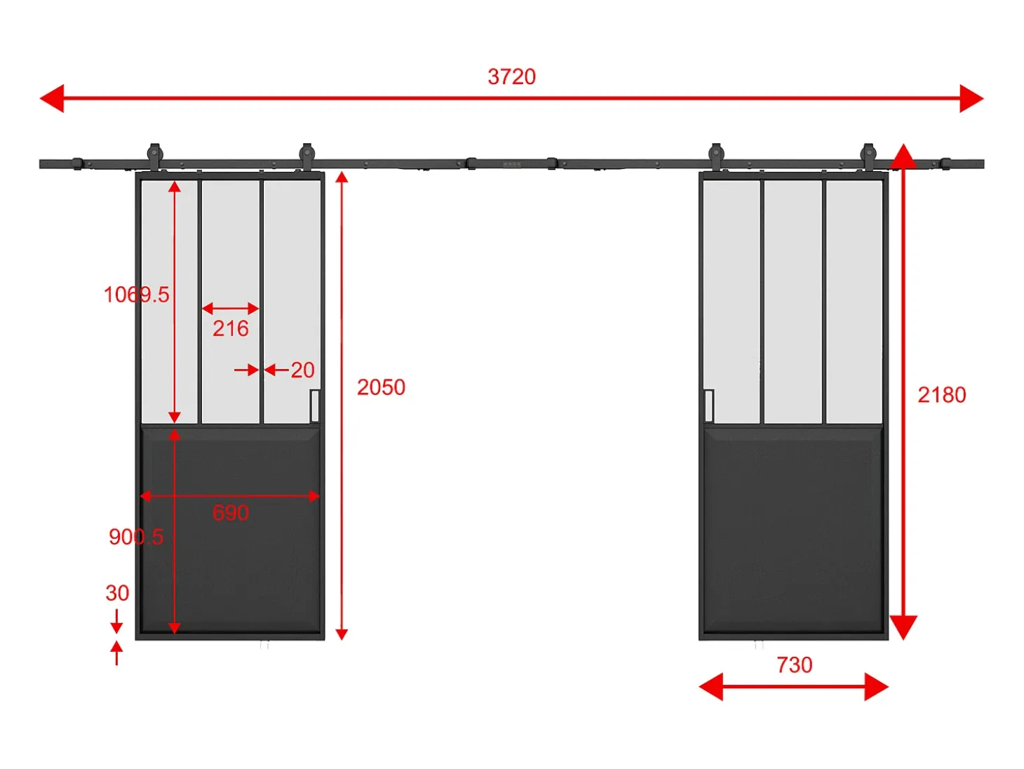 Porta de correr dupla de aplique com calha vidro fosco 2 x A205 x L73 cm, ARTISTO II