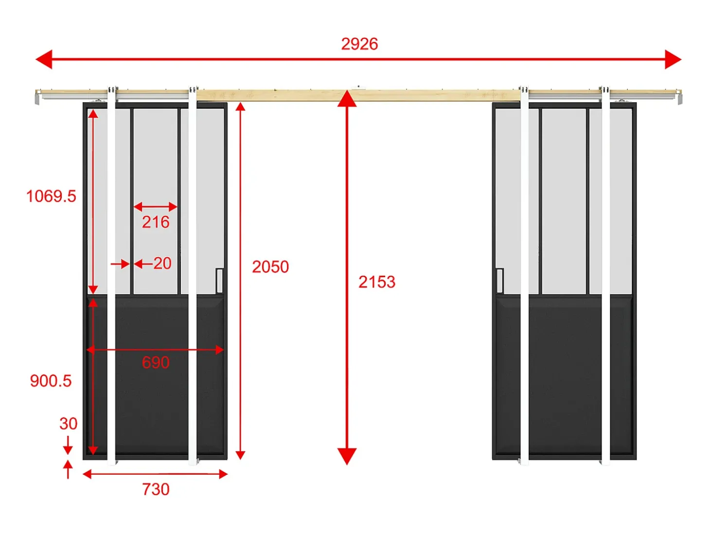 Porta de correr dupla encaixe vão parede vidro fosco 2 x A205 x L73 cm, ARTISTO II