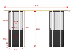 Porta de correr dupla sistema de tabique vidro fosco 2xA205xC63 cm ARTISTO II