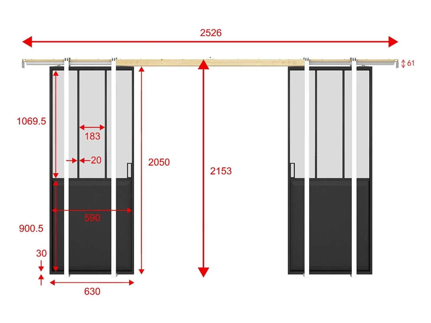 Porta de correr dupla sistema de tabique vidro fosco 2xA205xC63 cm ARTISTO II