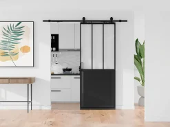 Porta de correr em aplique com calha preto e vidro fosco A205 x C63 cm ARTISTO II