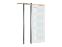 Porta de Correr Retrátil SucceBuy 203,5x91,5 cm, Porta Simples de Embutir com 5 Painéis de Vidro Fosco, Kit de Ferragens, Robusta em Madeira Maciça