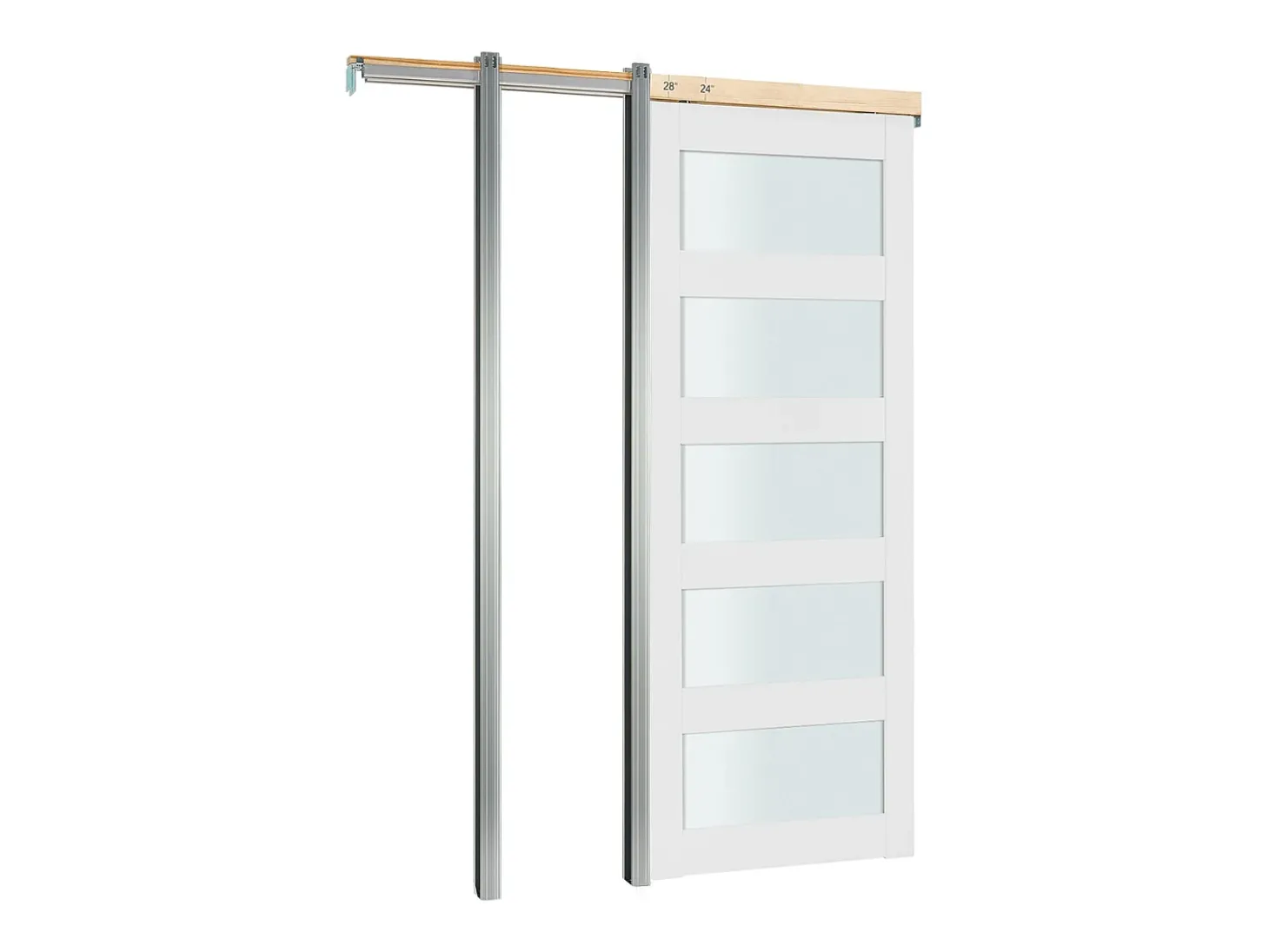 Porta de Correr Retrátil SucceBuy 203,5x91,5 cm, Porta Simples de Embutir com 5 Painéis de Vidro Fosco, Kit de Ferragens, Robusta em Madeira Maciça
