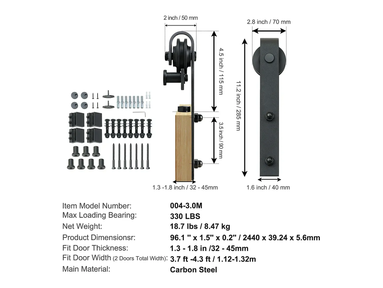 Porta de Correr SucceBuy Kit de Ferragens para Porta de Celeiro Deslizante de 2,5 M, Calha Dupla para Porta e Suporte em J