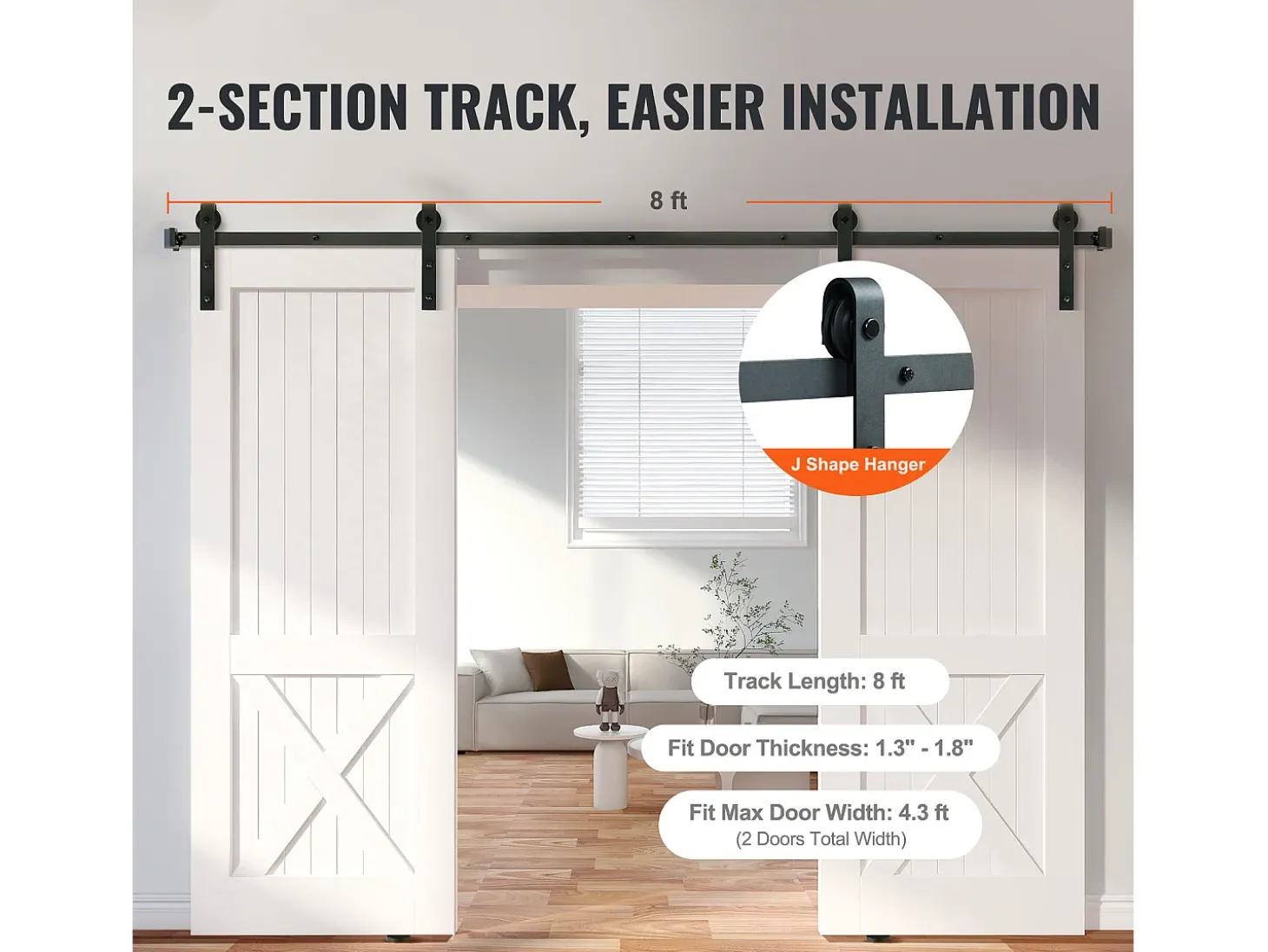 Porta de Correr SucceBuy Kit de Ferragens para Porta de Celeiro Deslizante de 2,5 M, Calha Dupla para Porta e Suporte em J