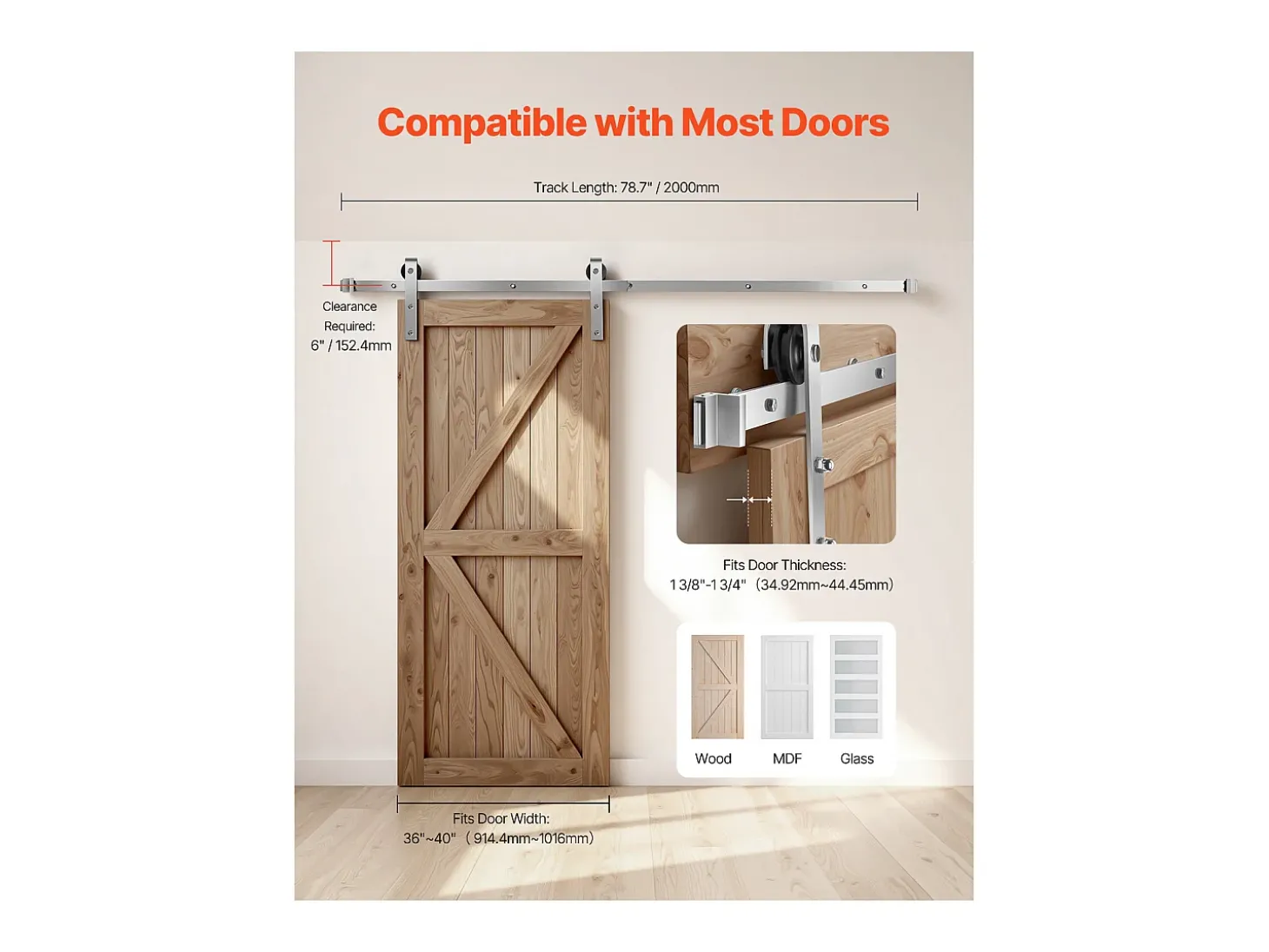 Porta de Correr SucceBuy Kit de Ferragens para Porta de Correr Simples de 2 m, Acabamento Prateado