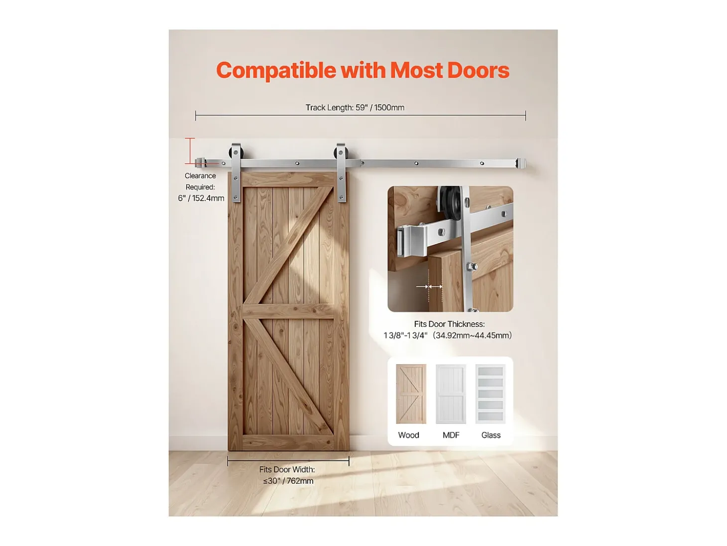 Porta de Correr SucceBuy Kit de Ferragens para Porta de Celeiro Deslizante Simples de 1,5 m, Acabamento Prateado