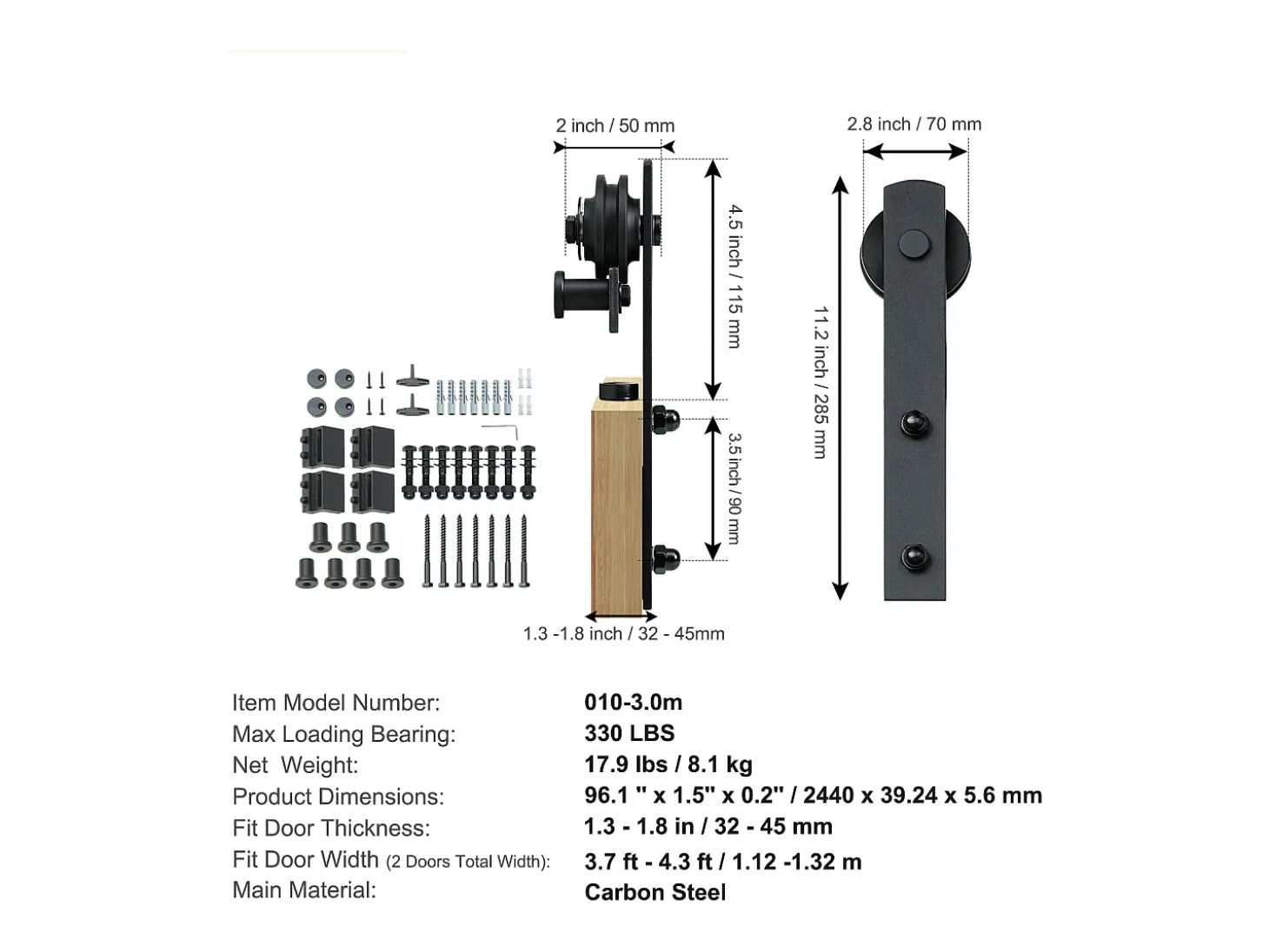 Porta de Correr SucceBuy Kit de Ferragens para Porta de Correr de Celeiro de 2,5 m | Calha de Armário para Portas Duplas | Cabides I