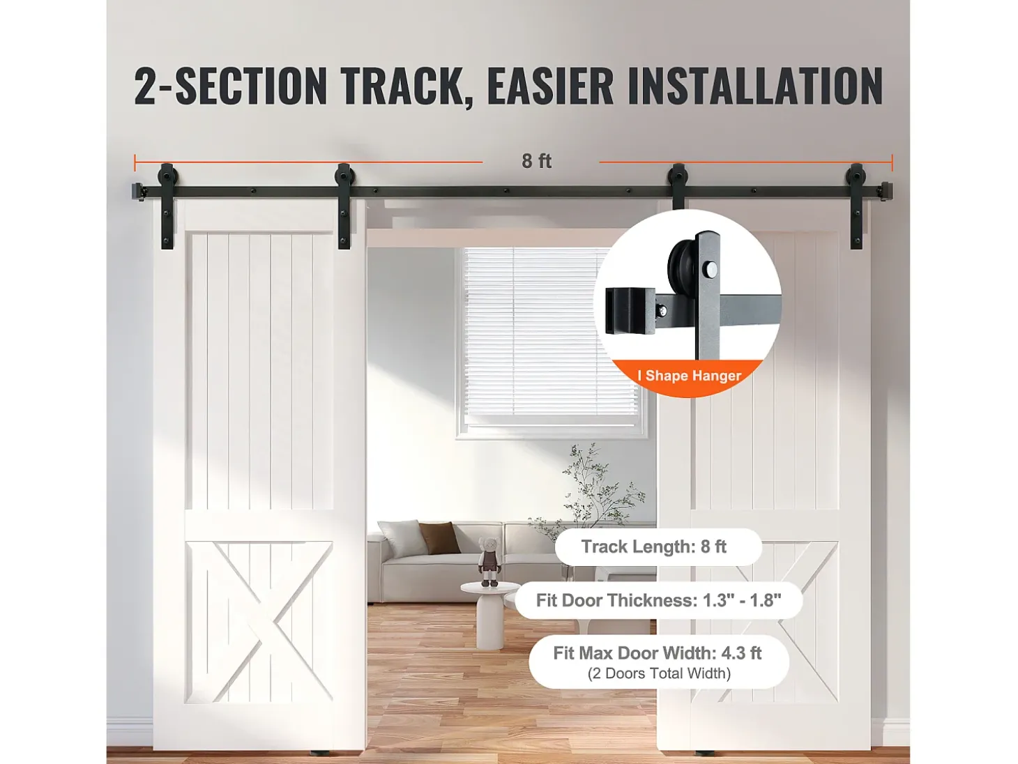 Porta de Correr SucceBuy Kit de Ferragens para Porta de Correr de Celeiro de 2,5 m | Calha de Armário para Portas Duplas | Cabides I