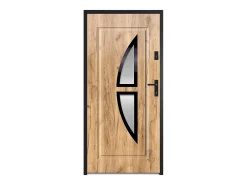 Porta de entrada COVAS em aço e aço inoxidável com vidro, 207 cm de altura x 100 cm de largura, efeito carvalho, abertura à esquerda.