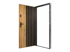 Porta de entrada em aço A207xC100 cm madeira e preto, abertura esquerda - COBRITA