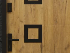 Porta de entrada em aço com detalhes em aço inoxidável, 207 cm de altura x 100 cm de largura, efeito carvalho - abertura à direita - TIFANA