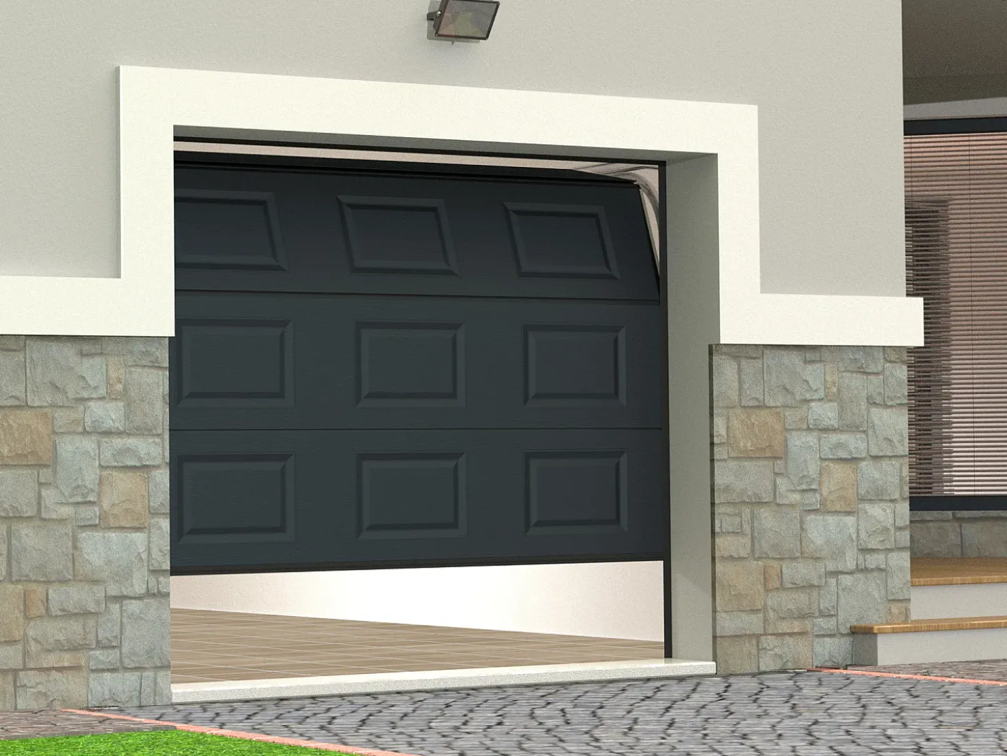 Porta de garagem seccionada com motor Somfy padrão quadriculado antracite CAOPAS
