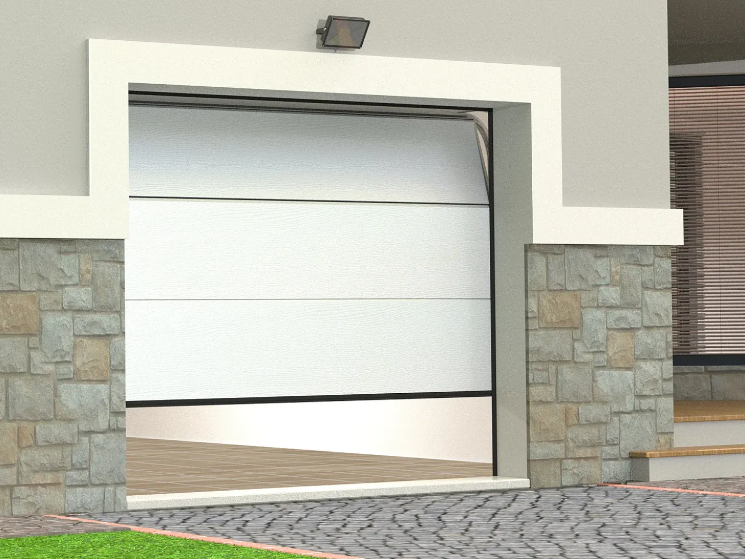 Porta de garagem seccionada com motor Somfy efeito madeira branco PRIETA