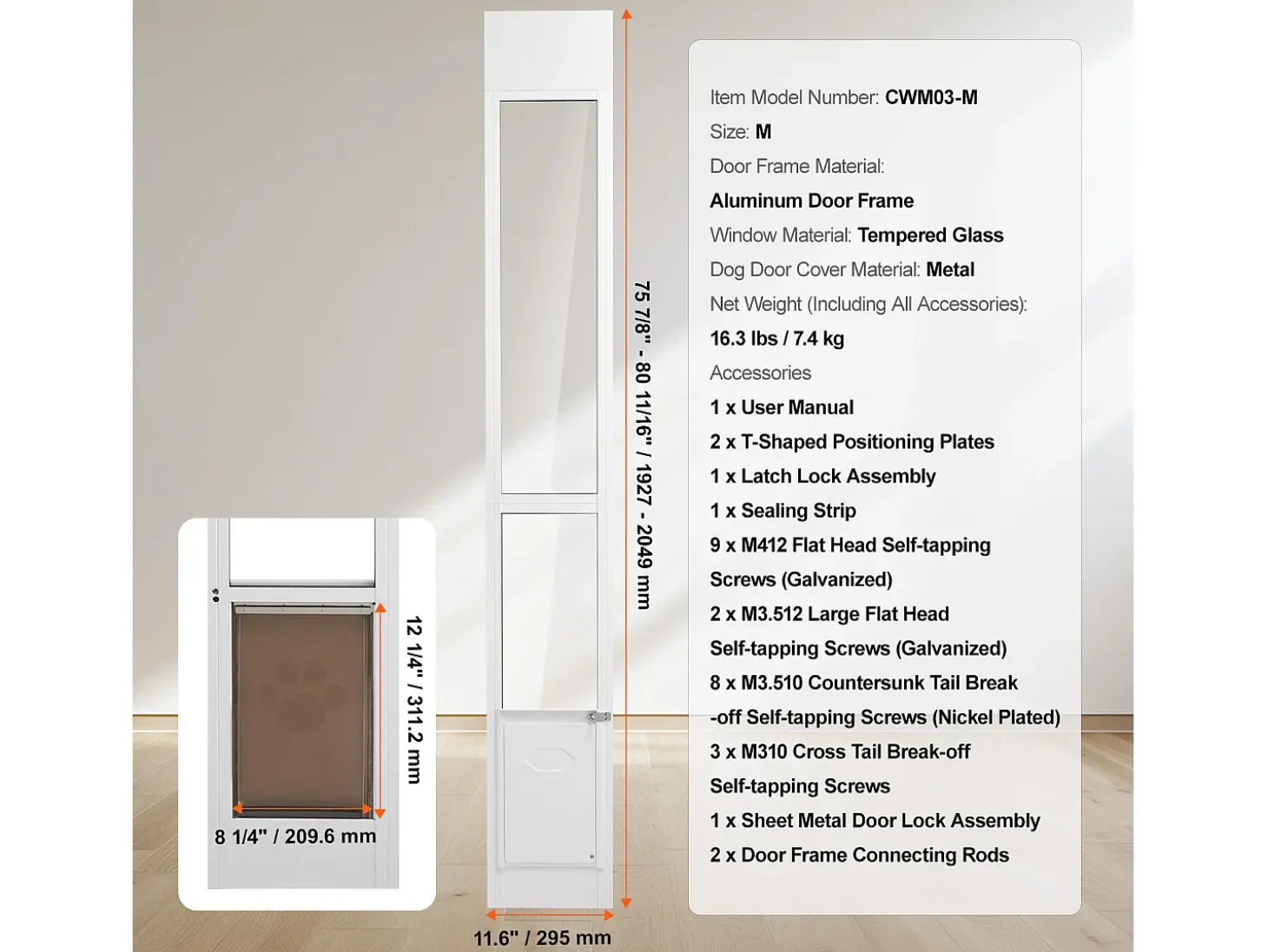 Porta Deslizante de Vidro para Cães SucceBuy, Altura Ajustável de 1927 a 2049 mm, M