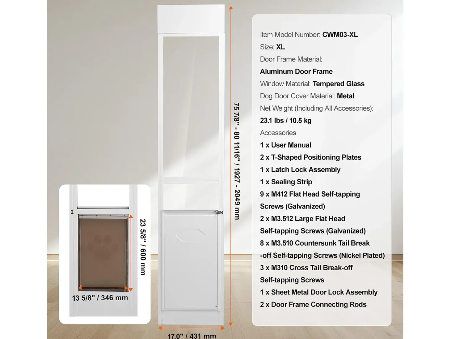 Porta Deslizante de Vidro para Cães SucceBuy, Altura Ajustável de 1927 a 2049 mm, XL