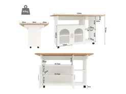 Portas Centrais da Ilha da Ilha 2 e 3 prateleira, com rodízios giratórios, mesa dobrável, 120x30/70x79.5cm, branco