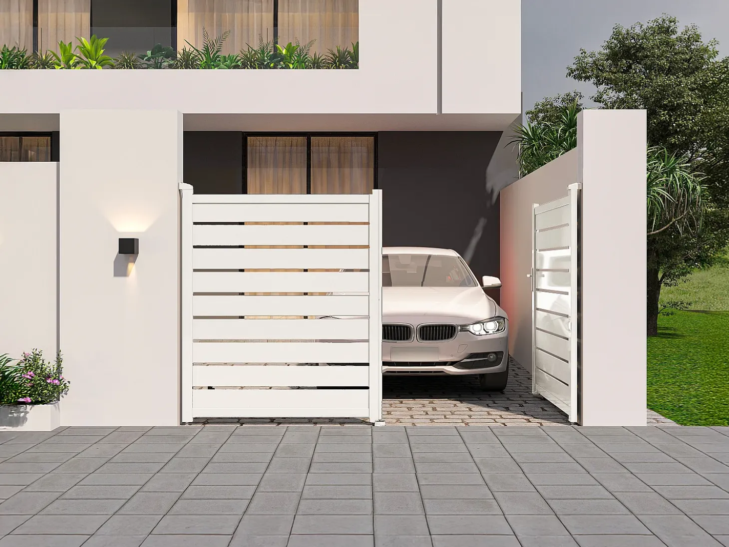 Portão de batente em alumínio vazado L305 x A183 cm branco - PRIMO