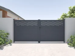 Portão elétrico de batente alumínio semi pleno com motivos C397xA181 cm antracite - BAZIO