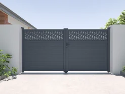 Portão elétrico de batente alumínio semi pleno com motivos C355xA181 cm antracite - BAZIO
