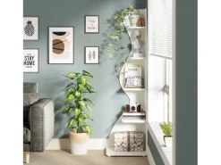 Prateleira de canto moderna de 5 camadas, estante de canto pequena e elegante, unidade organizadora de suporte para plantas com formato exclusivo, branco