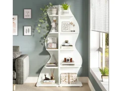 Prateleira de canto moderna de 5 camadas, estante de canto pequena e elegante, unidade organizadora de suporte para plantas com formato exclusivo, branco