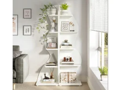 Prateleira de canto moderna de 5 camadas, estante de canto pequena e elegante, unidade organizadora de suporte para plantas com formato exclusivo, branco