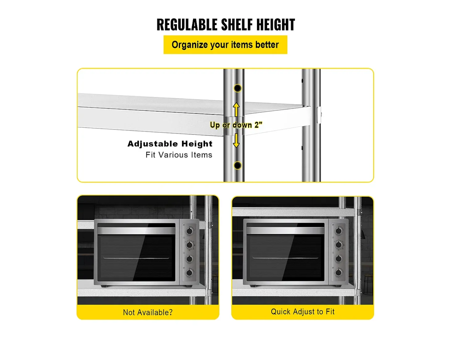 Prateleira de Cozinha, SucceBuy, Estante de 48 x 18,5 Polegadas em aço Inoxidável, 5 Níveis, Prateleiras de Armazenamento Ajustáveis