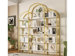 Prateleira de metal - 170 x 25 x 190 cm - 5 camadas de espaço de armazenamento - MDF + Metal - Dourado + Branco