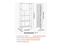 Prateleira Dobrável SucceBuy Móvel, 5 Níveis, Prateleira Dobrável com Rodas, 81x36x183 cm, Metal Resistente, Carga Estática 340 kg Dinâmica 90,7 kg