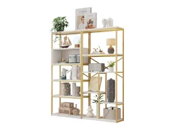 Prateleira moderna 160x29,5x180 cm - Prateleiras de vários níveis - Estrutura de tubos de aço e MDF - Forma retangular - Dourado e branco