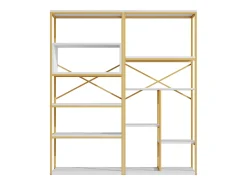 Prateleira moderna 160x29,5x180 cm - Prateleiras de vários níveis - Estrutura de tubos de aço e MDF - Forma retangular - Dourado e branco