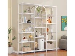 Prateleira moderna 160x30x180 cm - Prateleiras de vários níveis - Tubos de aço + MDF - Design retangular e curvo - Branco