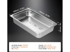Prato Plano SucceBuy Panela de Vapor Full Size Hotel Pan, em Aço Inoxidável, 10.2CM de Profundidade