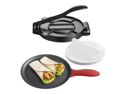 Prensa de Tortilhas em Ferro Fundido Reforçada SucceBuy, Máquina de Chapati de 20 cm, com Pega e 100 Papéis-Manta para Tortilhas