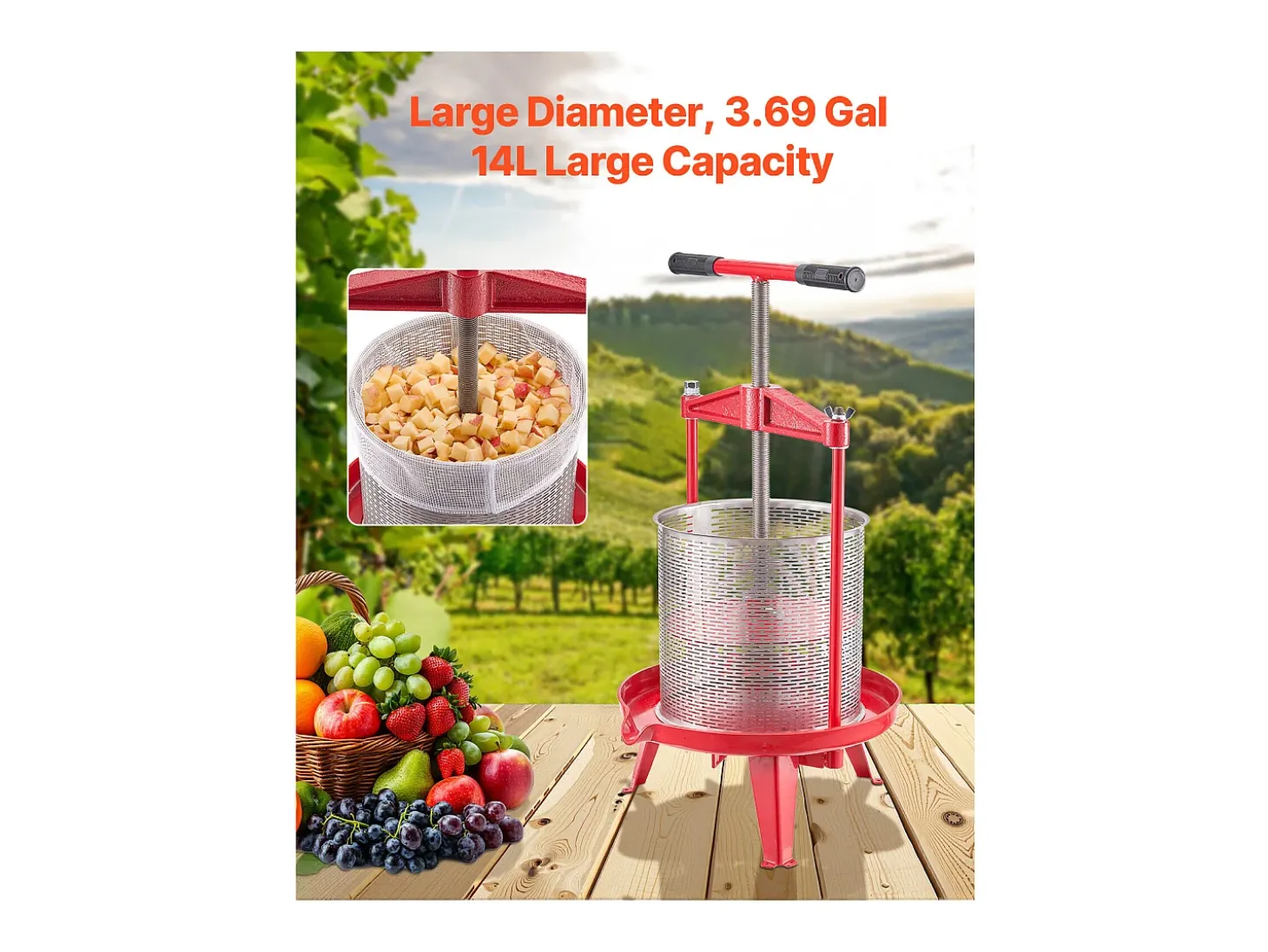 Prensa Manual de Frutas e Vinho SucceBuy, Aço Inoxidável de 14L, para a Fabricação em Casa