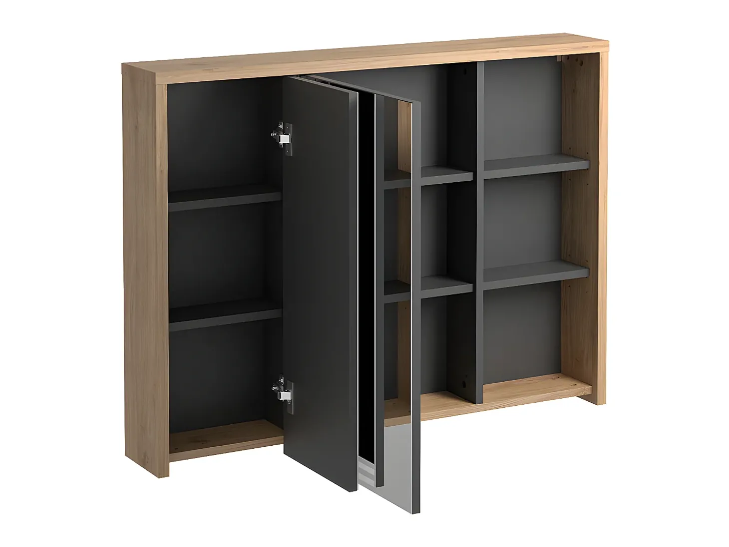 Presenteie-se com o armário de parede para casa de banho com espelho - Comprimento: 100 cm - Carvalho - 4 prateleiras interiores e 2 nichos - 2 portas - PURNAL