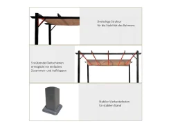 Pérgola autoportante 3 × 4 x 2.23 m - teto retrátil - lona marrom - estrutura de alumínio - Cinza