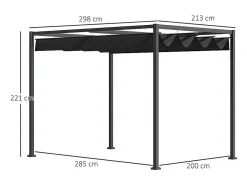 Pérgola autoportante em aço inoxidável, com teto de poliéster deslizante, 298 x 213 x 221 cm, Preto