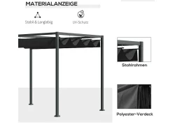 Pérgola autoportante em aço inoxidável, com teto de poliéster deslizante, 298 x 213 x 221 cm, Preto