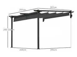 Pérgola mural 297 x 297 x 200/230H cm, com lona deslizante retrátil, estrutura de alumínio, Cinza