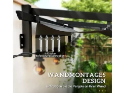 Pérgola mural 297 x 297 x 200/230H cm, com lona deslizante retrátil, estrutura de alumínio, Cinza