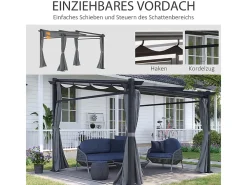 Pérgola retrátil em metal 2.97L x 2.95B x 1,95-2.3H m, com 4 cortinas, Cinza