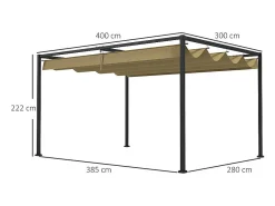 Pérgola retrátil 400L x 300B x 222H cm, estrutura de aço inoxidável, lona de poliéster cáqui