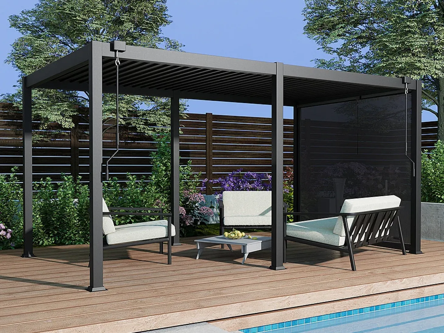 Pérgula bioclimática alumínio 15m² cortina retrátil L300 cm - Antracite - ALMAFI