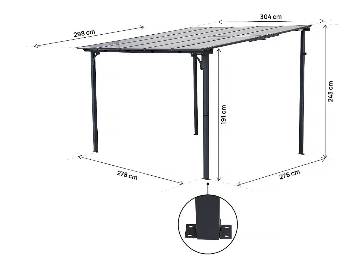 Pérgula toldo adossado "Marvin" - 3 x 3 m - 304 x 298 x 243 cm - Cinza escuro