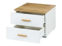 Quarto completo WOOD em carvalho e branco. Cama baú + guarda-roupa + cômoda + 2 criados-mudos.